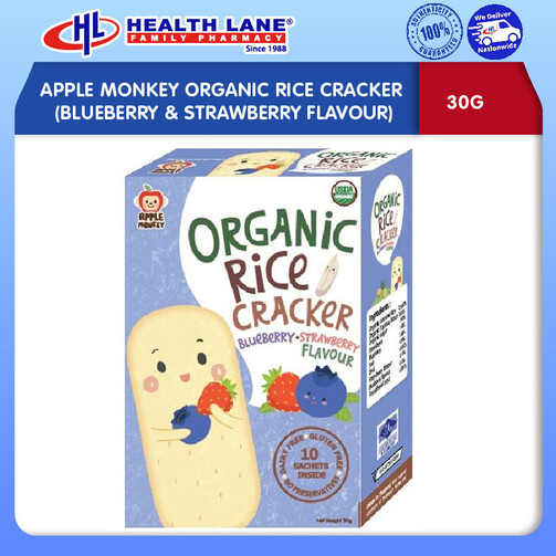 APPLE MONKEY ORGANIC BERAS  CRACKER (BLUEBERRY & STRAWBERI FLAVOUR, 30G)